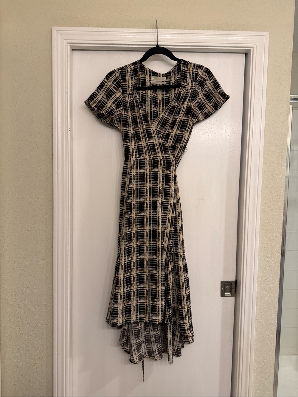 Brown and Cream Plaid Midi High Low Wrap Dress
